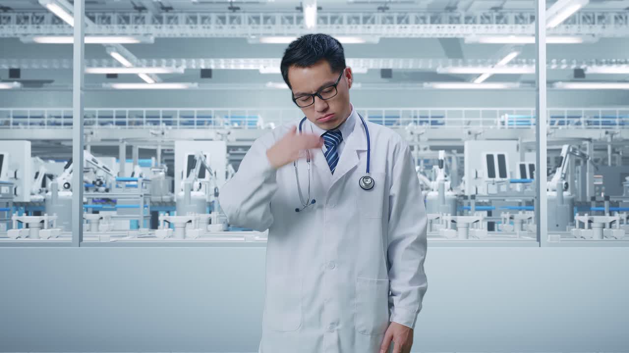 Asian Male Doctor With Stethoscope Having A Headache While Standing In Laboratory