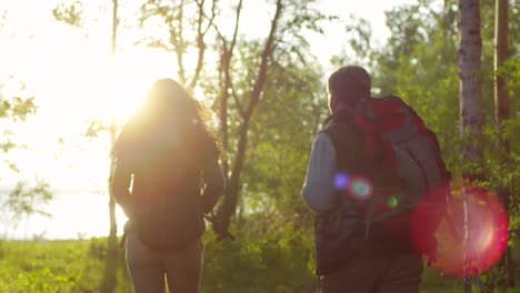 Vista-Trasera-De-Una-Pareja-De-Turistas-Haciendo-Senderismo-En-El-Bosque-Al-Atardecer