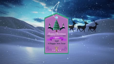 Animation-of-gift-tag-with-season's-greetings-over-santa-claus-in-sleigh-over-winter-landscape