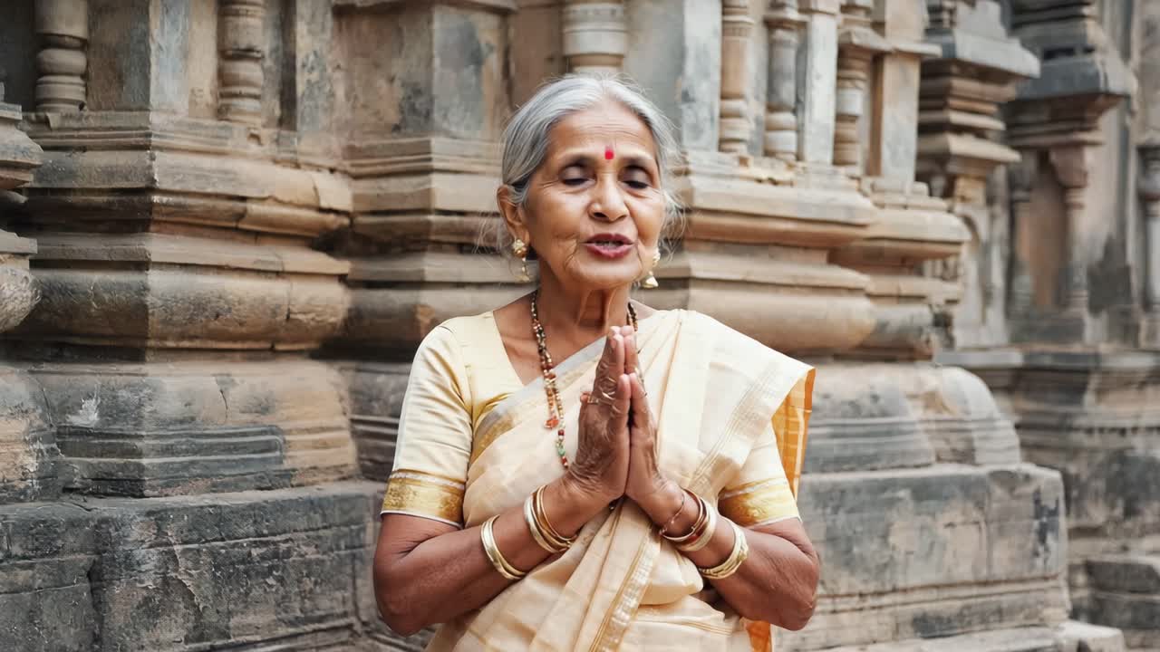 Portrait of a spiritual senior woman with joined hands in a prayer pose, wearing a traditional sari and jewelry, standing in front of a historic temple, expressing devotion and cultural heritage