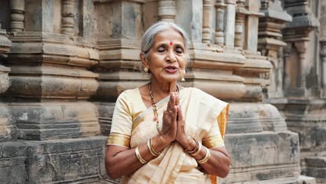 portrait of a spiritual senior woman with joined hands in a prayer pose, wearing a traditional sari and jewelry, standing in front of a historic temple, expressing devotion and cultural heritage
