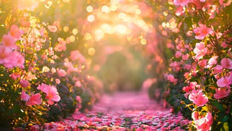 a path lined with pink flowers in the middle of a garden