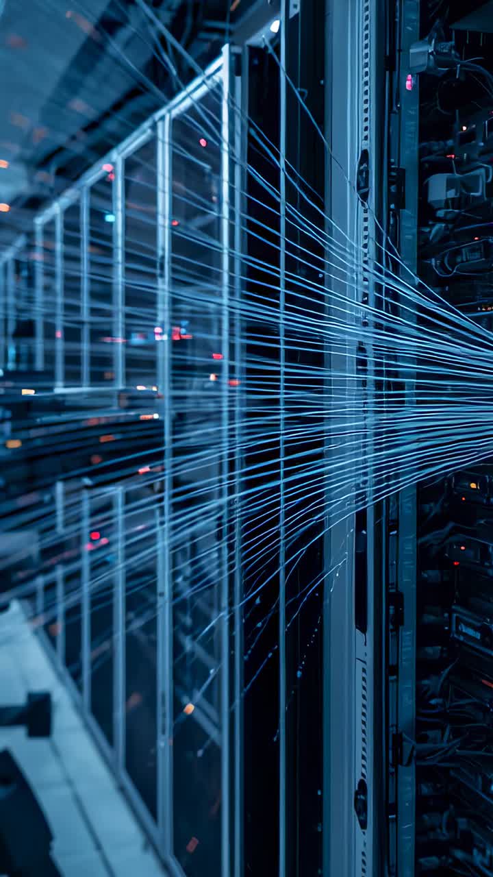 Vertical video: Initiating data simulation, glowing fiber optic cables pulsing in data center aisle