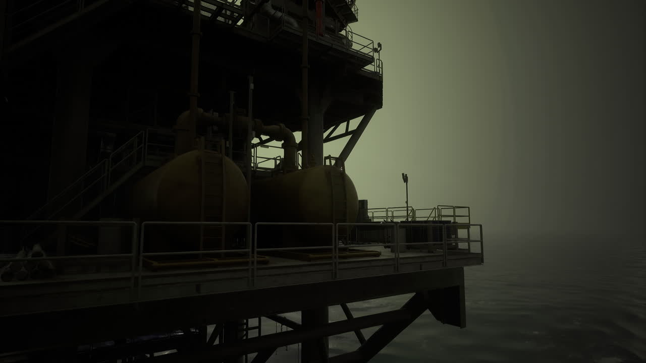 Oil rig operational at dusk with fog creating an atmospheric scene