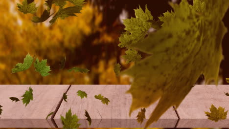 animación digital de múltiples hojas de otoño flotando sobre la superficie de madera contra el bosque