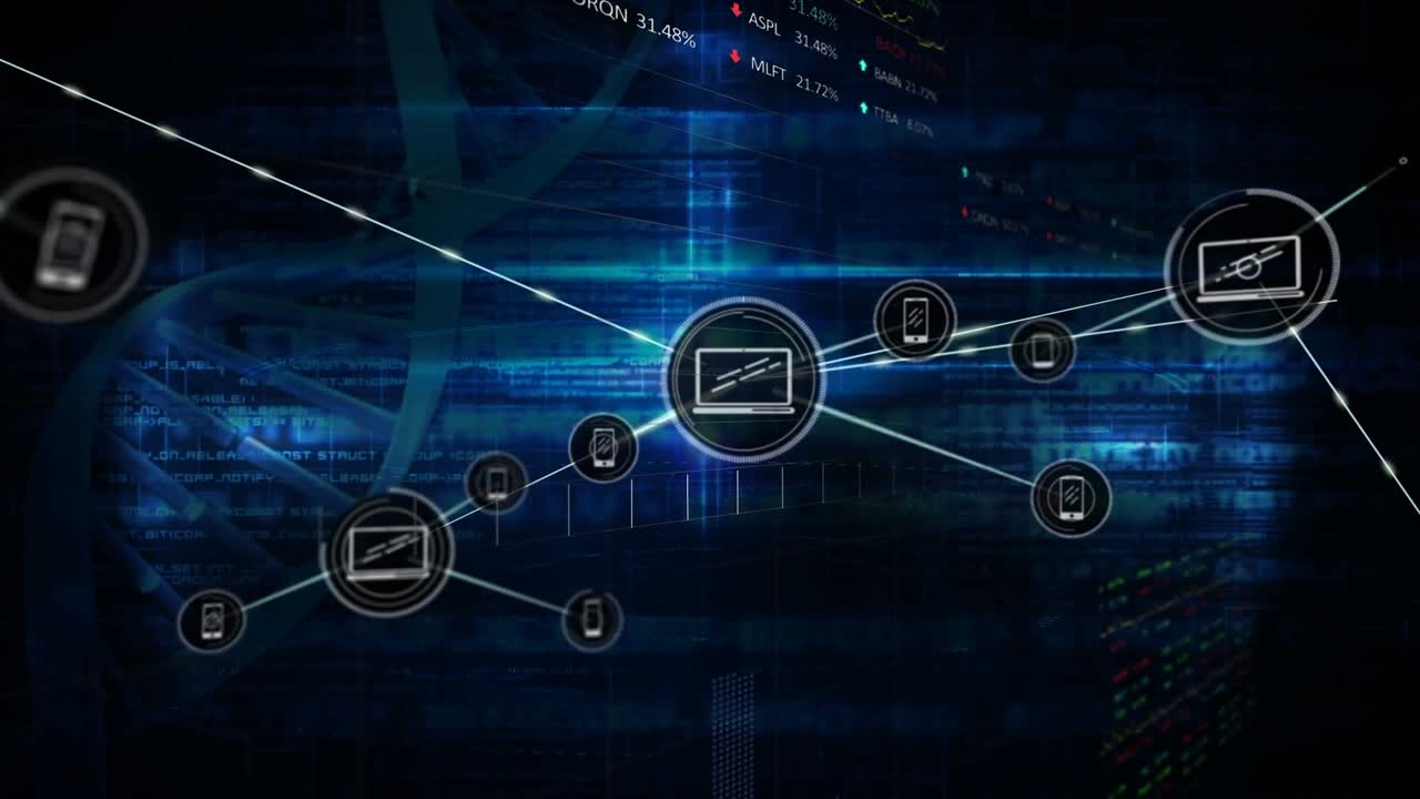 Animation of network of connections with icons over dna strand on black background
