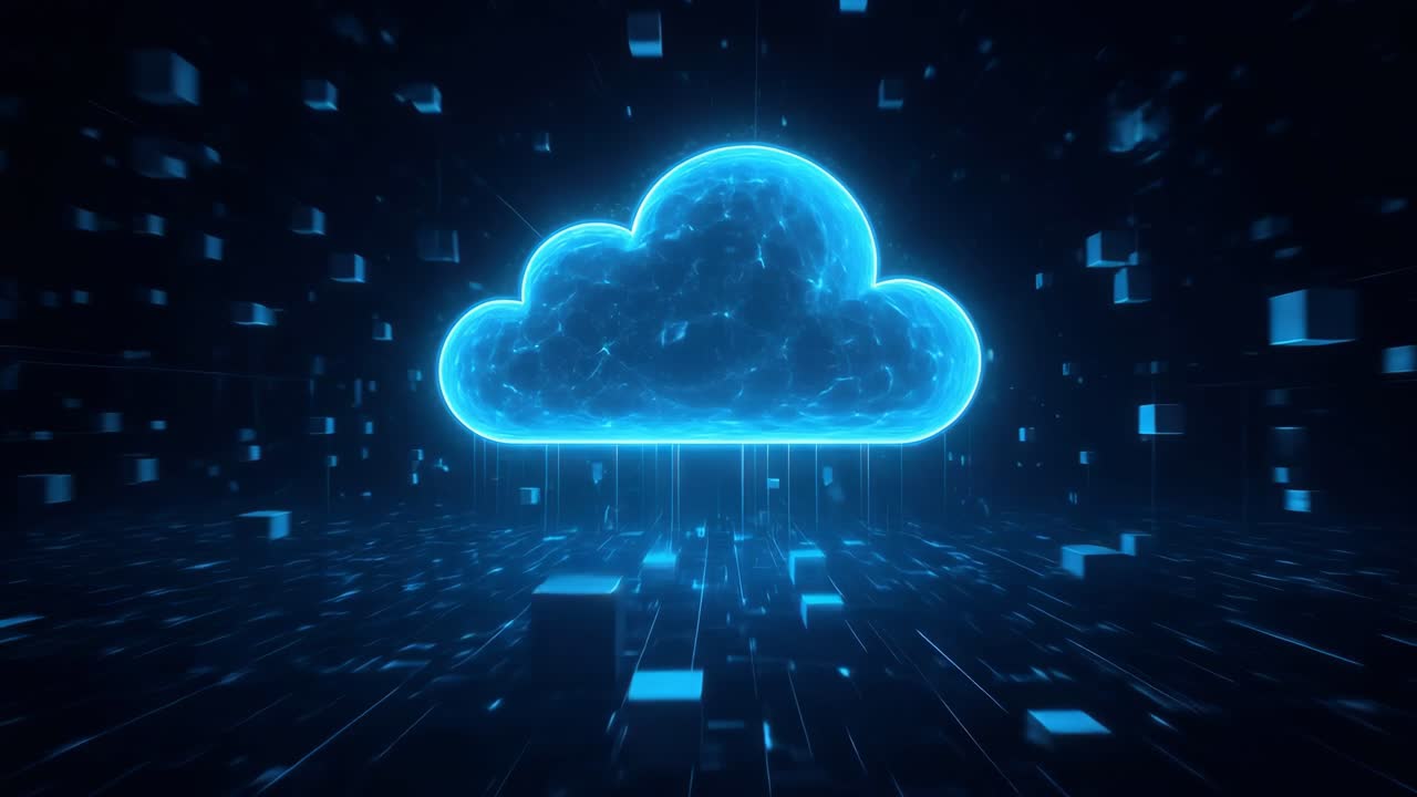 Futuristic video concept of a glowing blue cloud in a digital space