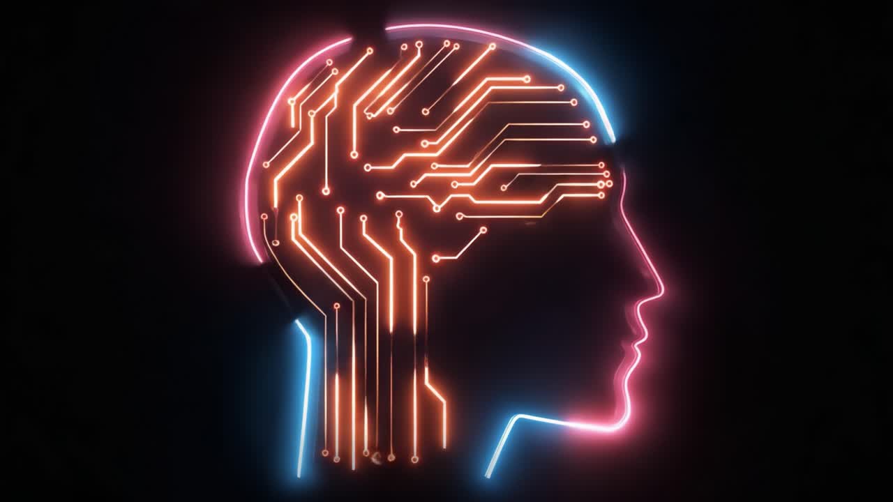 Innovative Representation of the Human Head Merging with Digital Circuitry, Symbolizing the Convergence of Technology and Human Intelligence in a Futuristic Vision