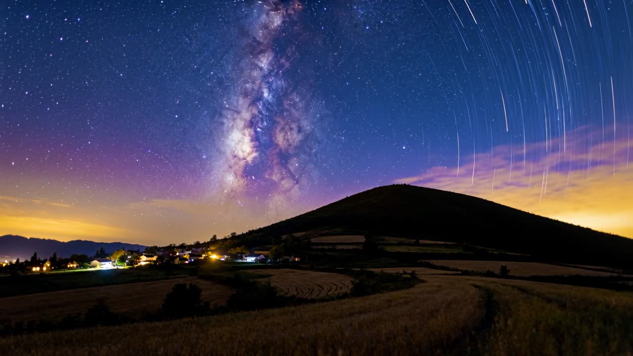 Telecamera che riprende la Via Lattea mentre forma scie stellari, con le esposizioni che iniziano su un pendio rurale.