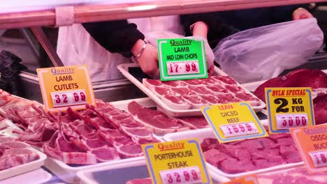 various meats on display with price tags