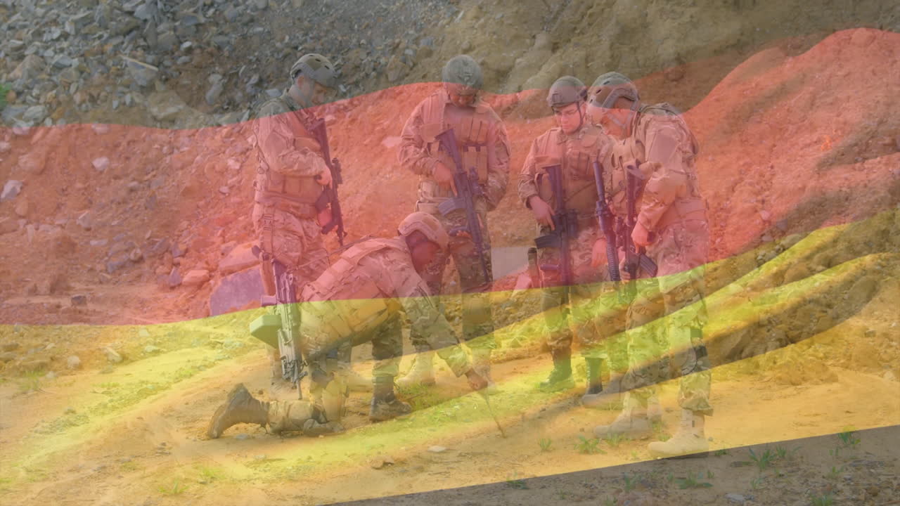 Standing on rocky terrain, military personnel in tactical gear with German flag overlay