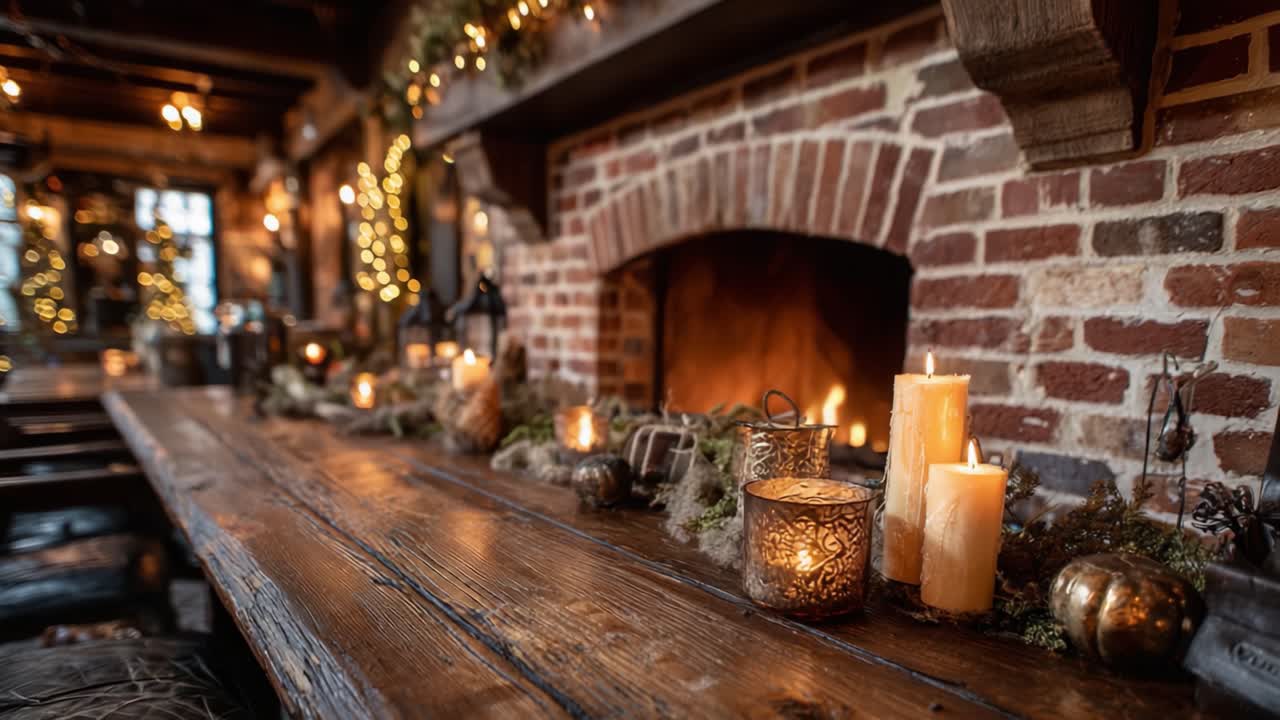 Un'atmosfera accogliente e festosa: un tavolo davanti al caminetto splendidamente decorato con candele e addobbi stagionali, perfetto per celebrare le festività.