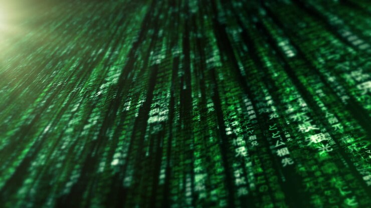 Data matrix simulation UI with cutting-edge digital environment with a dynamic and immersive display of interconnected data matrix information networks systems background