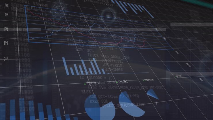 Animation of multiple graphs with changing numbers and loading circles over abstract background