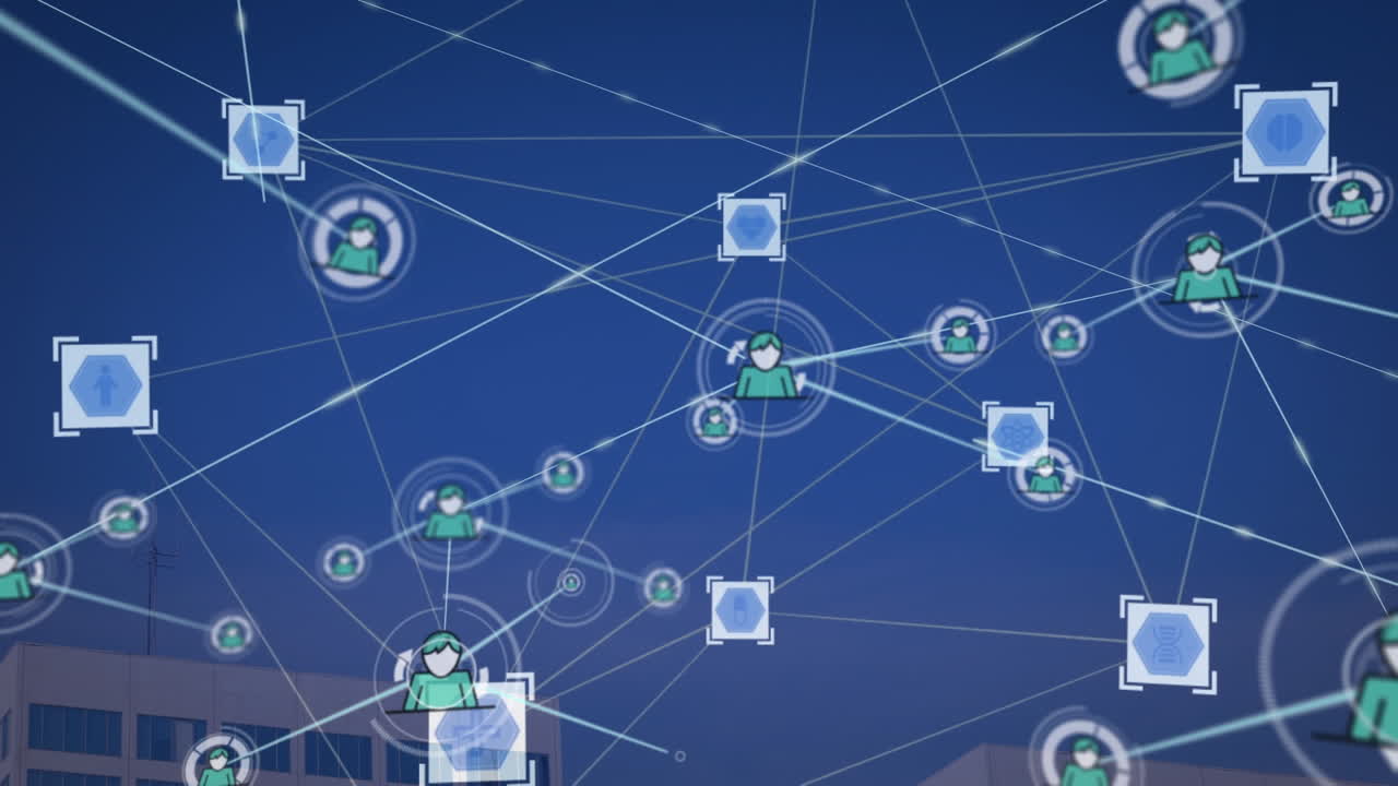 Animation of network of connections with icons over cityscape