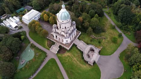 historic ashton memorial english folly ornate landmark lancashire countryside gardens aerial birdseye descending view