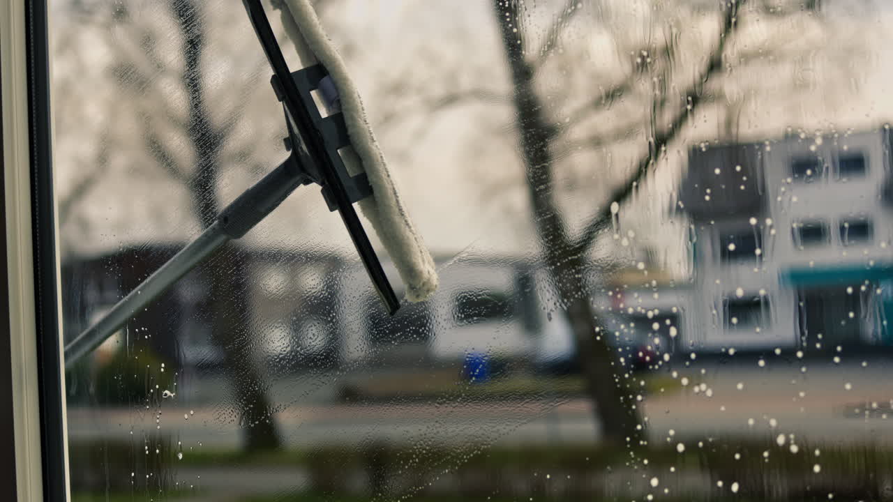 Woman manually washing house window with sprayer and mop outdoors. Safety at height, spring cleaning, cleaning services