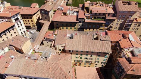 establishing shot, terracotta rooftops, river reflections in summer florence, 4k