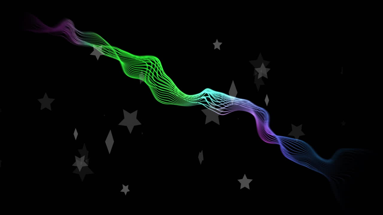 별과 다이아몬드 모양의 어두운 배경 위의 다채로운 파동 애니메이션