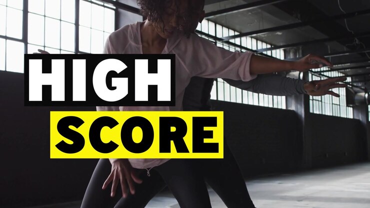 Practice starting, woman dribbling basketball while man pressuring, HIGH SCORE overlaying players