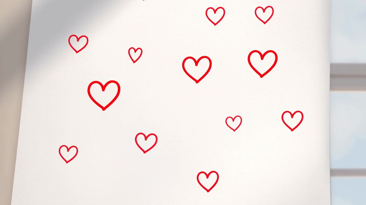 Soft daylight falls across a white window blind decorated with scattered red heart outlines, with a window frame visible at the side and a clean decorative