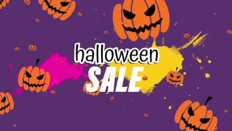 animation of halloween sale and floating pumpkins on purple background