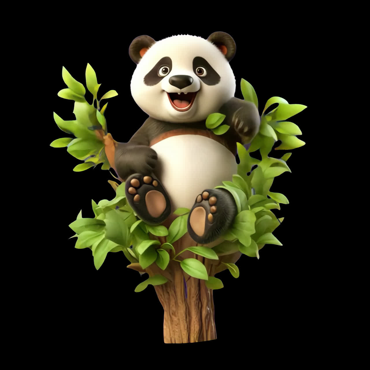 Playful panda in tree illustration animation isolated asset, transparent 4K video, alpha channel