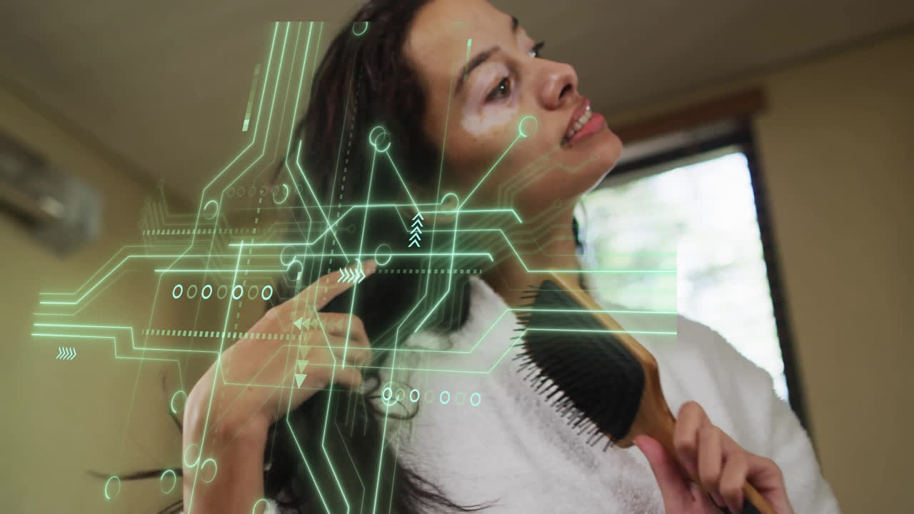 Woman brushing hair in bathroom, showing neon-green holographic circuit beauty tech overlay
