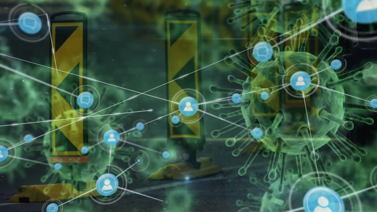 animación de células macro coronavirus covid-19 que se propagan a través de la red de conexiones con las personas icono