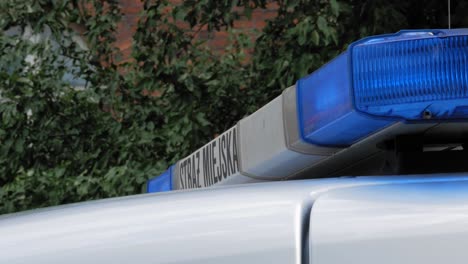 primer plano de la barra de luces montada en el techo de un coche de policía con luces azules intermitentes durante el día