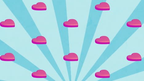 animación de iconos de corazón rosado repetidos sobre rayas en fondo azul