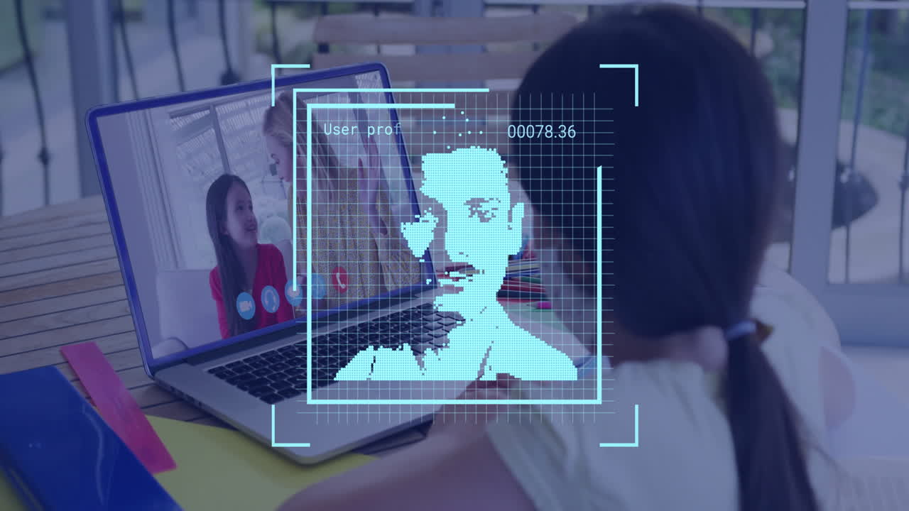 animación de fotos biométricas y procesamiento de datos sobre diversas personas en una llamada de video portátil
