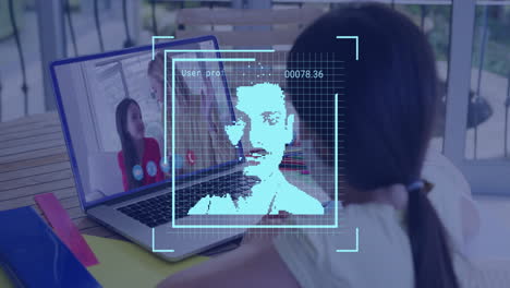 animation of biometric photo and data processing over diverse people on laptop video call