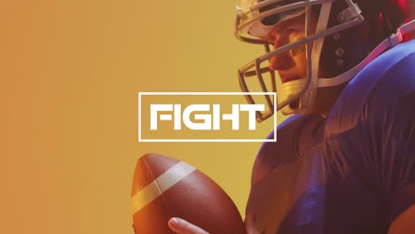 animation of fight text over american football player on neon background