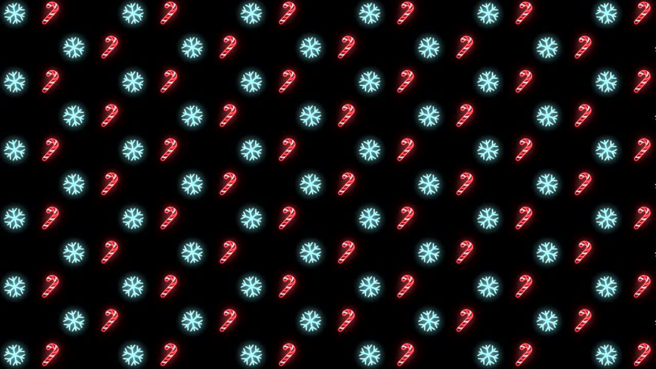 fondo de patrón navideño de neón de árbol de navidad, copo de nieve, sombrero de santa y bastón de caramelo en animación en bucle rojo, blanco y negro