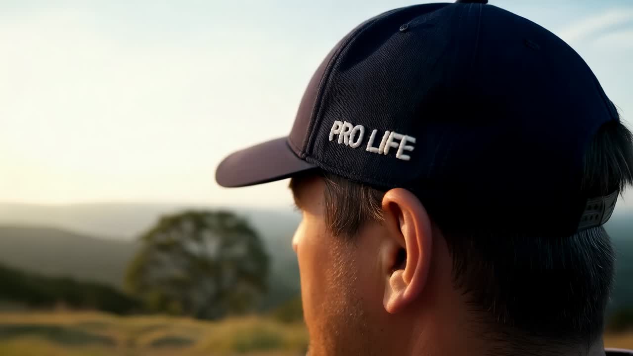 Turning toward sun nearing horizon, man navy baseball cap PRO LIFE scanning hilltop, copy space
