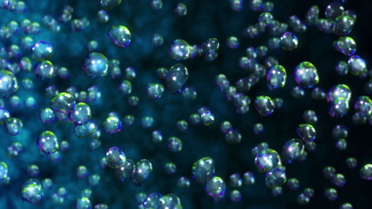 volando muchas gotas de agua en fondo negro. gotas puras. superficie transparente. animación 3d de burbujas de aire girando. animación de bucle.