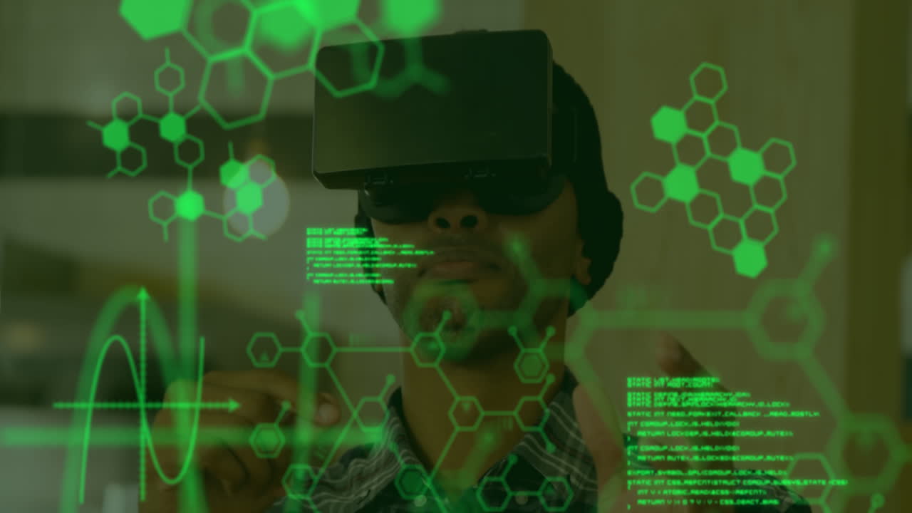 Scientific data with man wearing VR headset in a background 4k