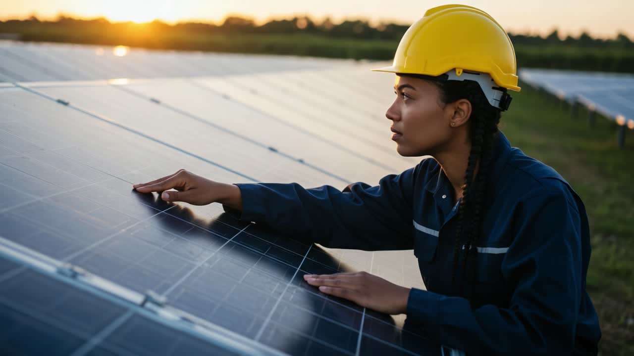 A dedicated solar technician inspecting photovoltaic panels at sunset, highlighting the importance of renewable energy and sustainable practices in modern technology