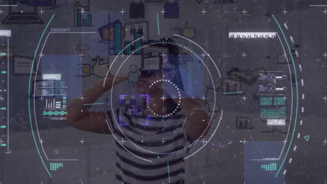 data processing and scope scanner over digital icons floating against woman wearing vr headset