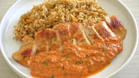 filete de pollo a la parrilla con salsa de curry rojo y arroz - estilo de comida musulmana