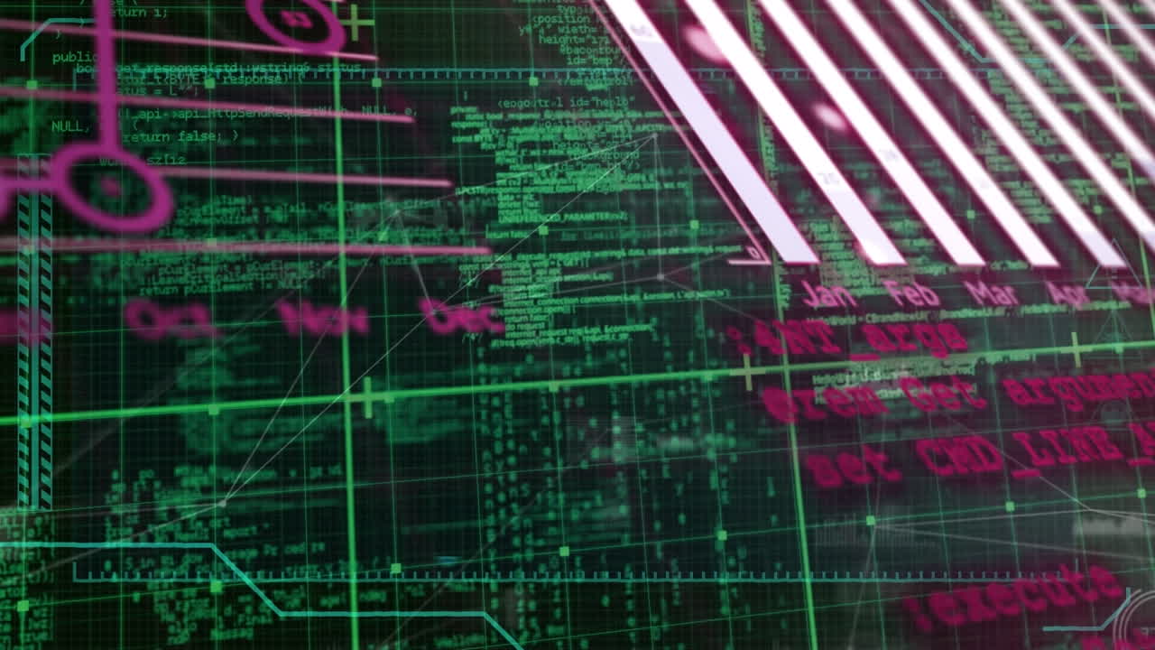 녹색 디지털 공간에서 금융 그래프와 데이터의 애니메이션