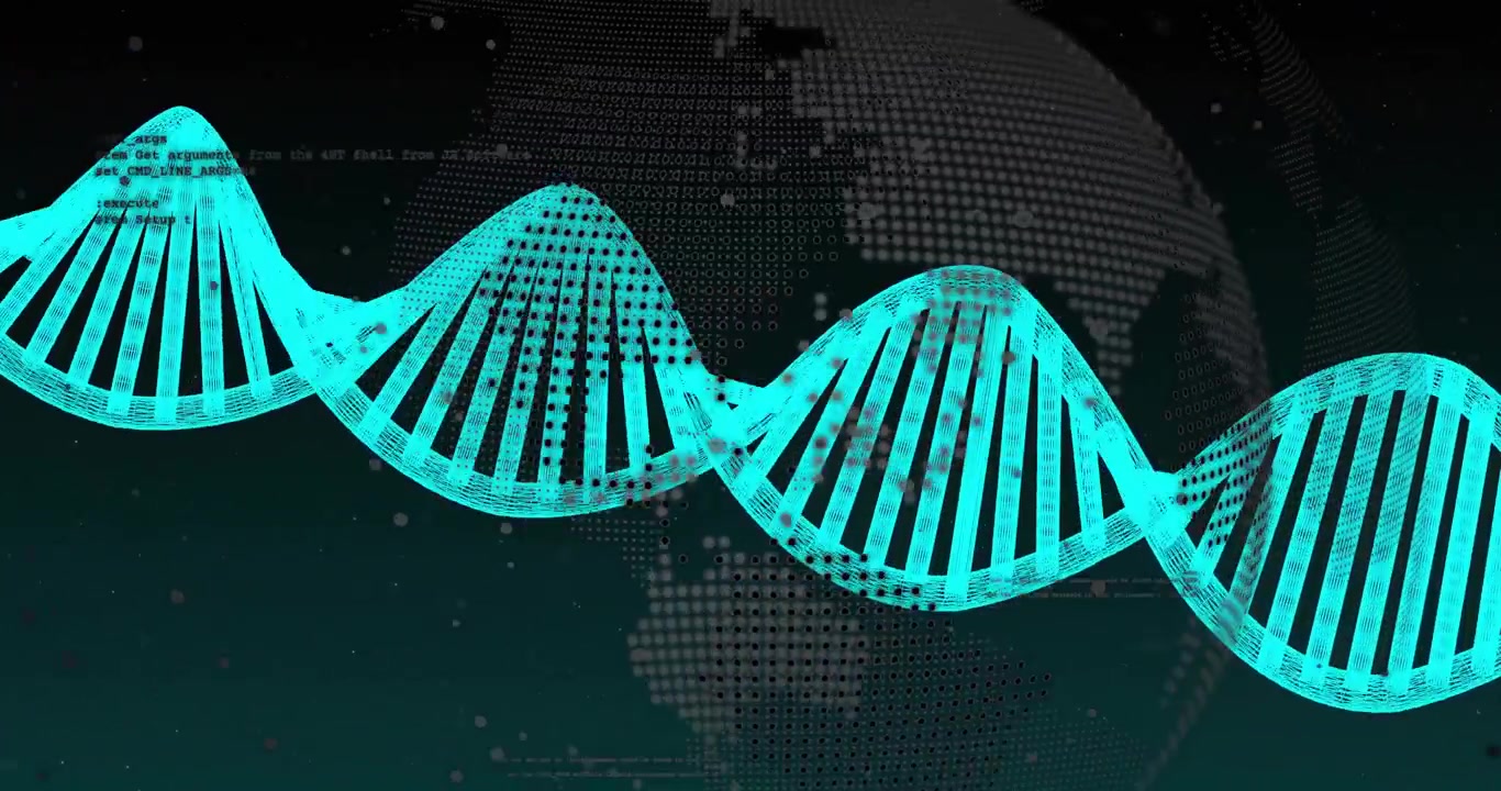 At launch digital DNA helix emerging from left undulating and pulsing to center showcasing data