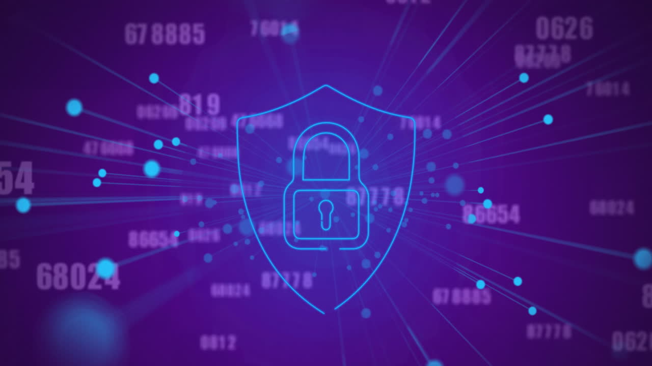 Animation of dots around padlock in shield and changing numbers over blue background