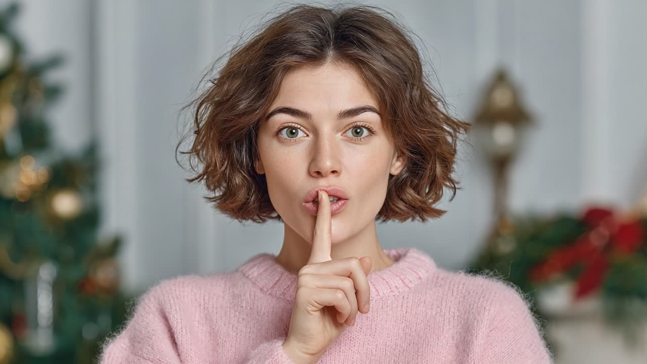 A young woman in a soft pink sweater poses playfully, placing her finger to her lips in a shushing gesture, surrounded by a festive backdrop that adds warmth to the scene
