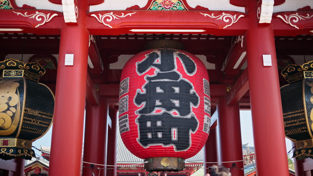 Close up of hanging paper lanterns at the Senso-ji temple in Asakusa, Tokyo, Japan. Translation: "Kobuna Town"