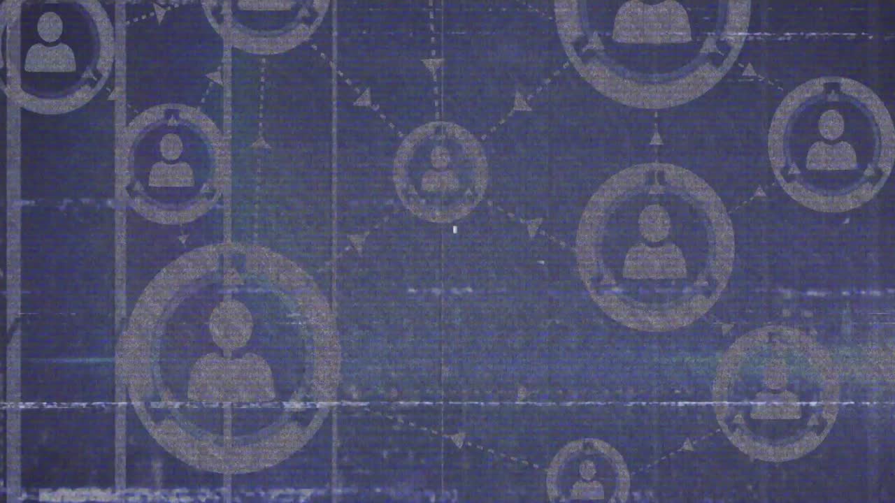 Glitchy network diagram showing rotating central user icon with arrows over static glitch lines