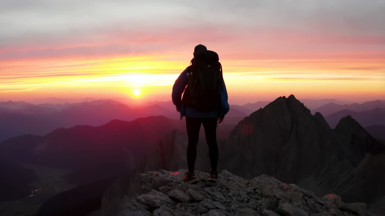 Hiker on a Mountain Peak at Sunset