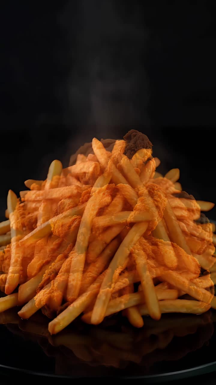 Hamburger 4K Fast Food con pollo fritto croccante e patatine fritte. Sfondo cinematografico.