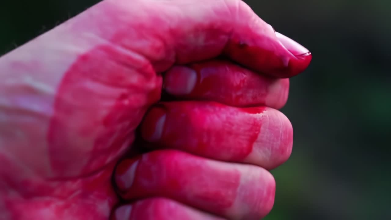 Colorful Paint Splatter on Clenched Fist Showcases Creativity in Action Outdoors